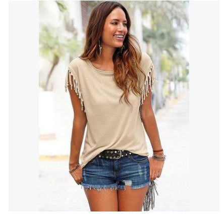 Wish quick sale eBay ladies Europe and America big size round neck short sleeve cuffs tassel T-shirt cotton tops | Mode