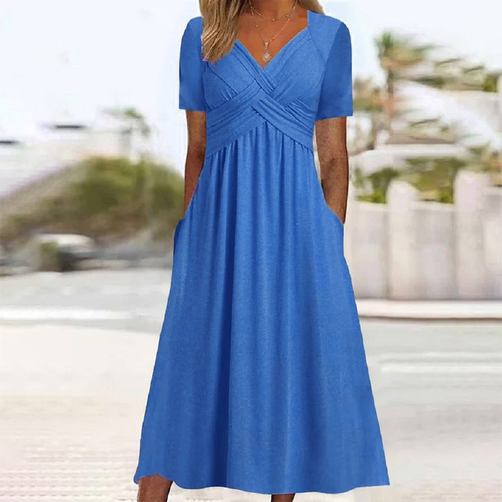 Women Fall Solid Color Round Neck Short Sleeve Pullover ALine Swing Dress Elegant Casual Dress | Mode