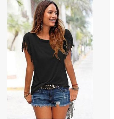 Wish quick sale eBay ladies Europe and America big size round neck short sleeve cuffs tassel T-shirt cotton tops | Mode