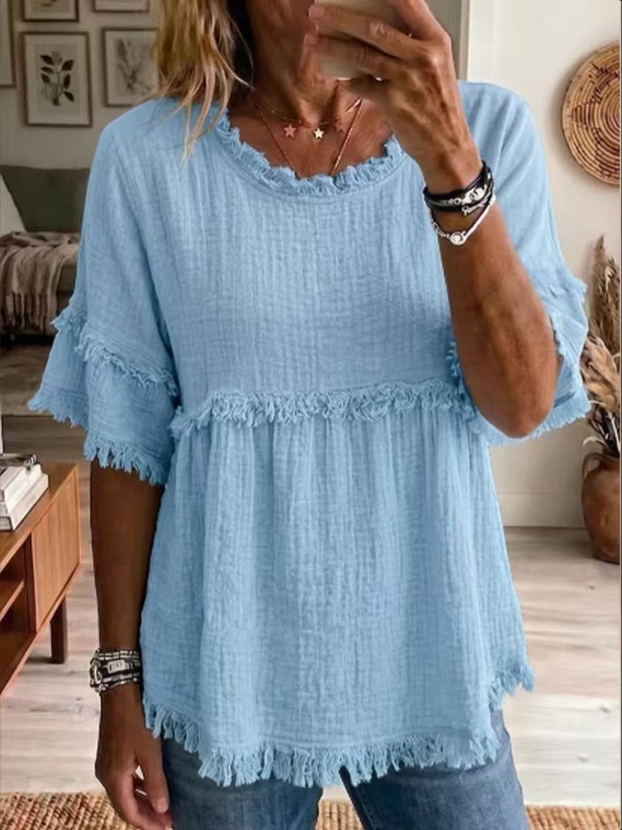 2026 Women's European And American Texture Fur Trim Tassel Retro Round Neck Short Sleeve Top Fashionable Short Sleeve Shirt | Mode