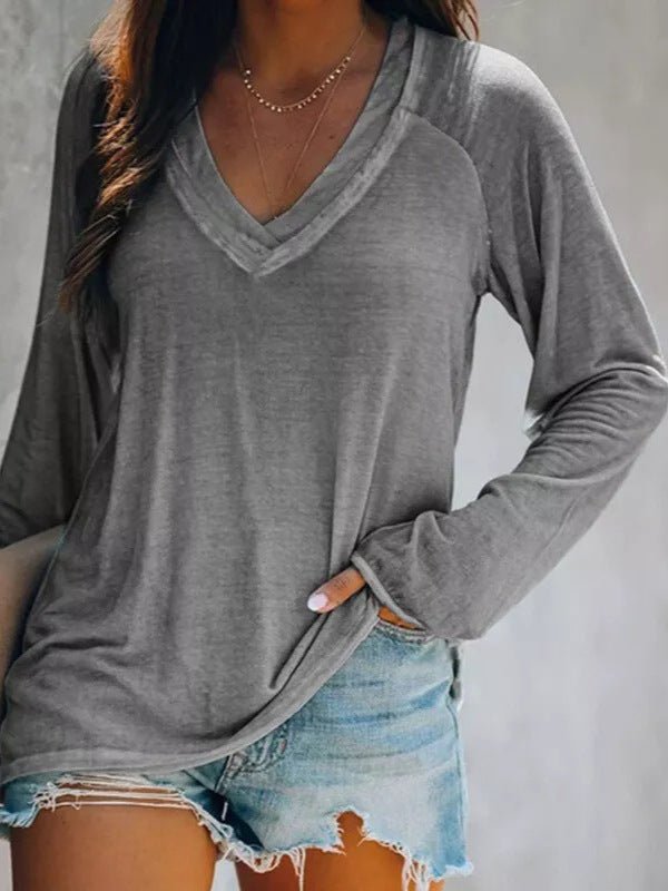 2026 Women's Autumn New European And American Comfortable Solid Color Outerwear Bottom Casual Long Sleeve V-neck Hooded T-shirt | Mode