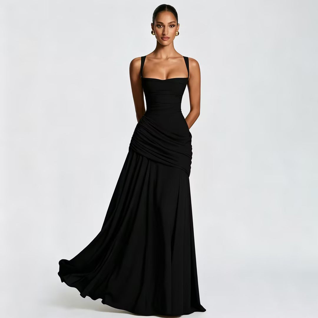 European And American Style Women's Spring New Solid Color Low-Cut Ruffled Strap Waist-Cinching Backless Dress Wholesale | Mode