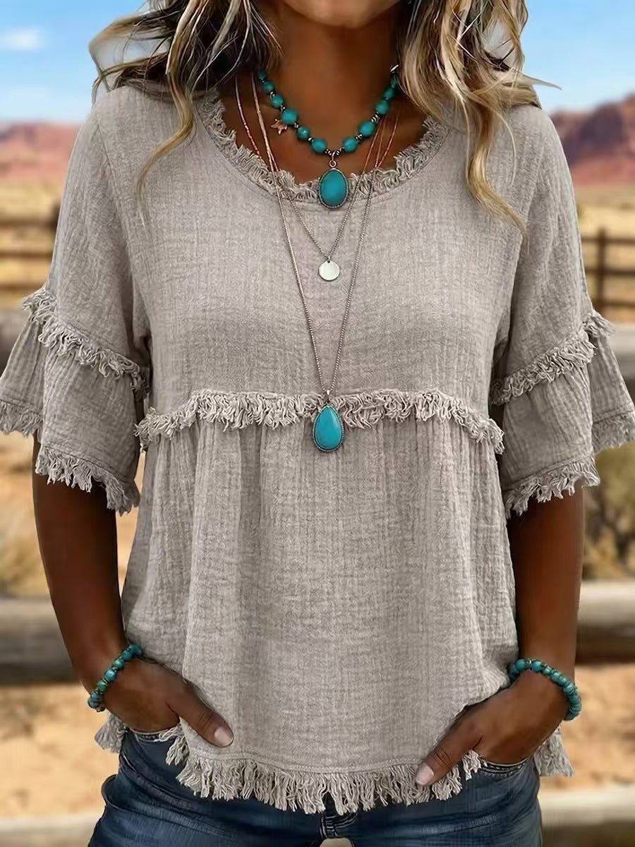 2026 Women's European And American Texture Fur Trim Tassel Retro Round Neck Short Sleeve Top Fashionable Short Sleeve Shirt | Mode