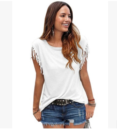 Wish quick sale eBay ladies Europe and America big size round neck short sleeve cuffs tassel T-shirt cotton tops | Mode