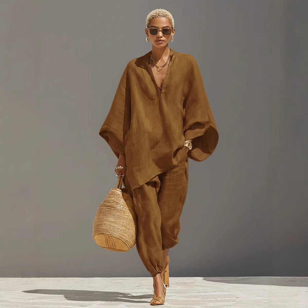 Cross-border European And American Spring And Summer Fashion Women's Casual-style Batwing Sleeve V-neck Loose Lazy-fit Set | Mode