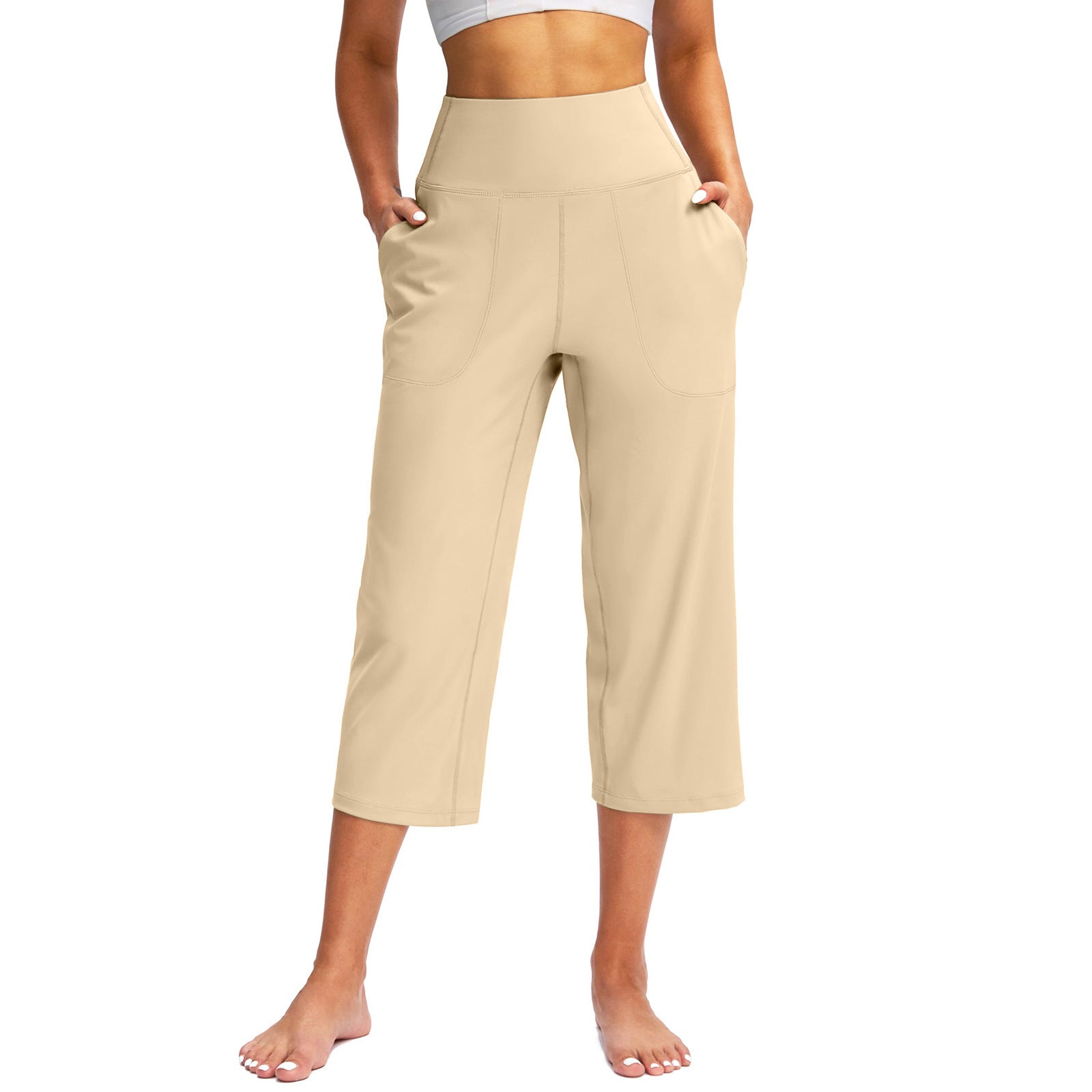 2026 Cross-Border European And American Women's Fashion Solid Color Wide-Leg Cropped Pants With Pockets, High-Waisted Tummy Control Sports Yoga Pants | Mode
