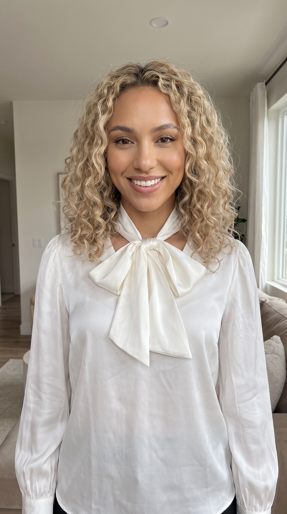 Elegant Solid-color V-neck Long-sleeve Blouse With Ribbon Detailing