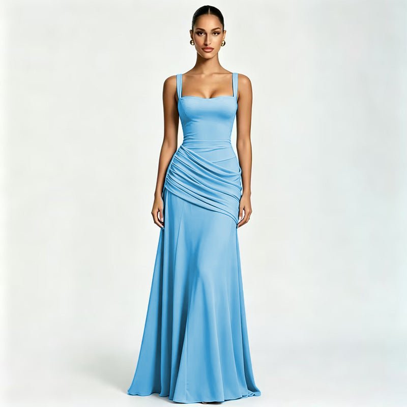 European And American Style Women's Spring New Solid Color Low-Cut Ruffled Strap Waist-Cinching Backless Dress Wholesale | Mode