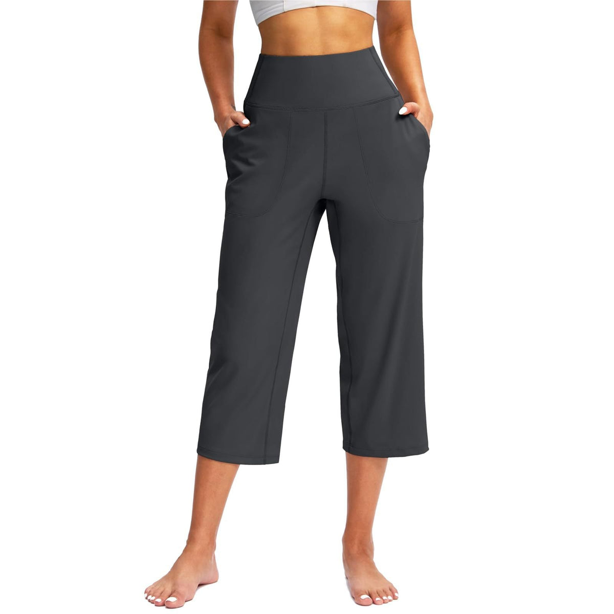 2026 Cross-Border European And American Women's Fashion Solid Color Wide-Leg Cropped Pants With Pockets, High-Waisted Tummy Control Sports Yoga Pants | Mode