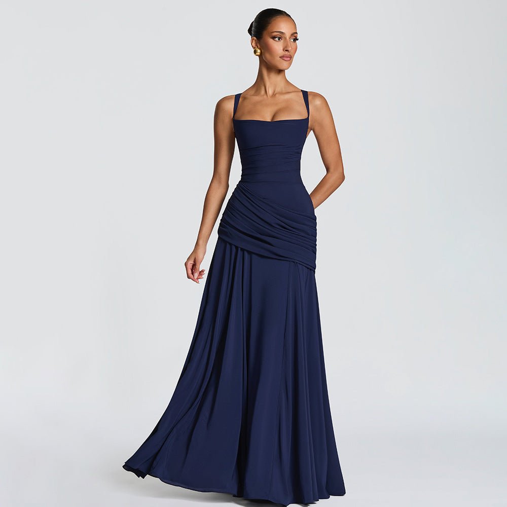 European And American Style Women's Spring New Solid Color Low-Cut Ruffled Strap Waist-Cinching Backless Dress Wholesale | Mode