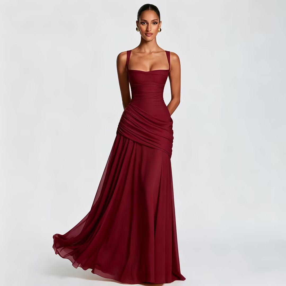 European And American Style Women's Spring New Solid Color Low-Cut Ruffled Strap Waist-Cinching Backless Dress Wholesale | Mode