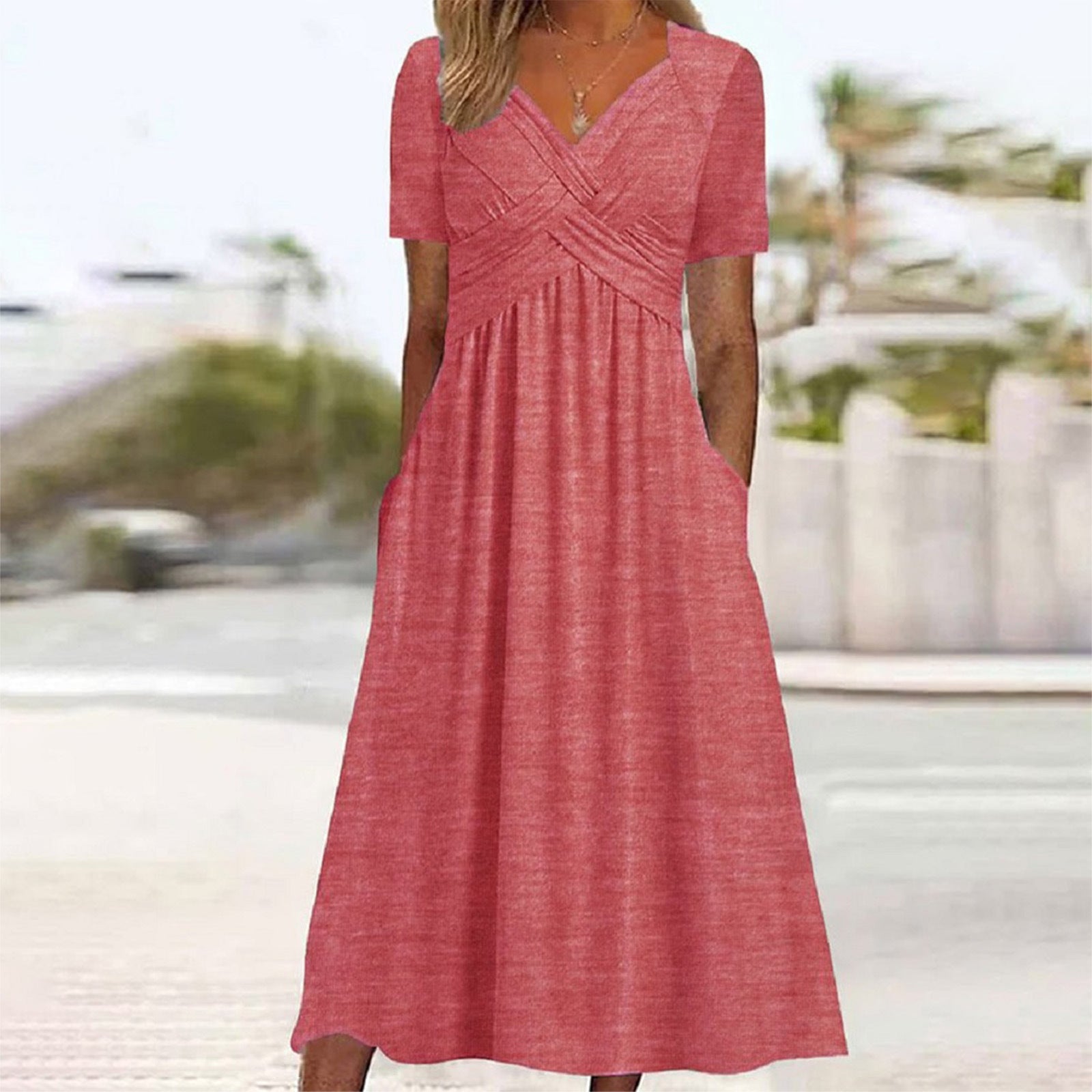 Women Fall Solid Color Round Neck Short Sleeve Pullover ALine Swing Dress Elegant Casual Dress | Mode