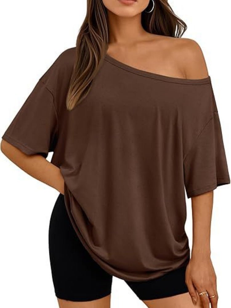 New Women's T-shirt Casual Fashion Slant Collar Top Women's Knitted Short Sleeve Top | Mode