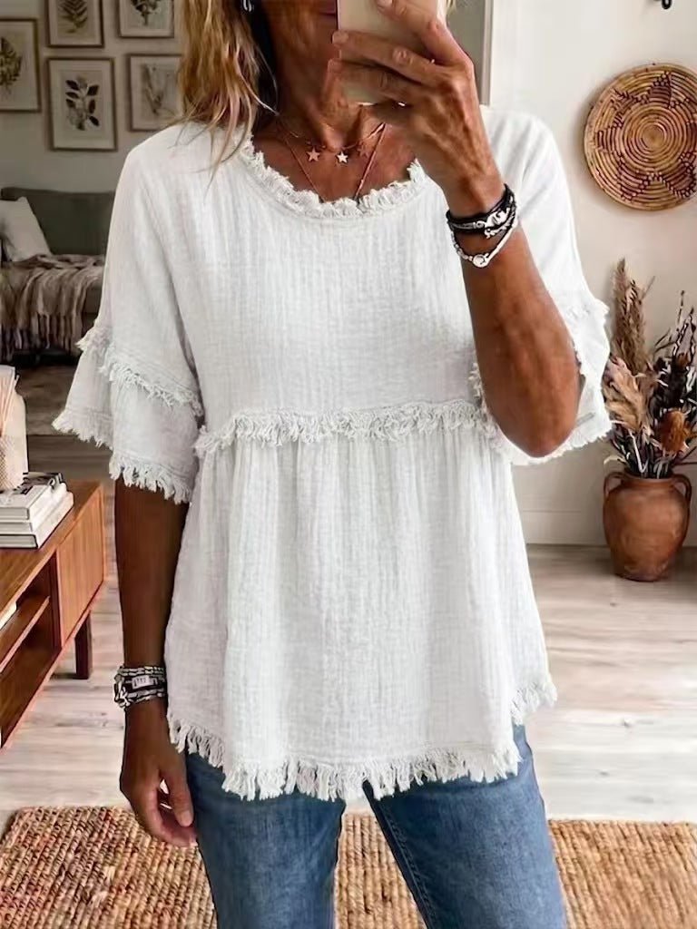2026 Women's European And American Texture Fur Trim Tassel Retro Round Neck Short Sleeve Top Fashionable Short Sleeve Shirt | Mode