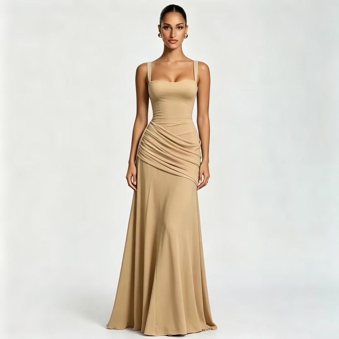 European And American Style Women's Spring New Solid Color Low-Cut Ruffled Strap Waist-Cinching Backless Dress Wholesale | Mode